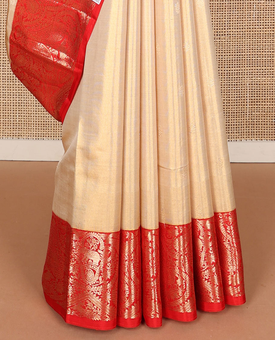 Sandal silk saree with zari buttas, contrast ganga jamuna border of kamalam, mayil, yaanai & manga designs & zari geometric patterned pallu
