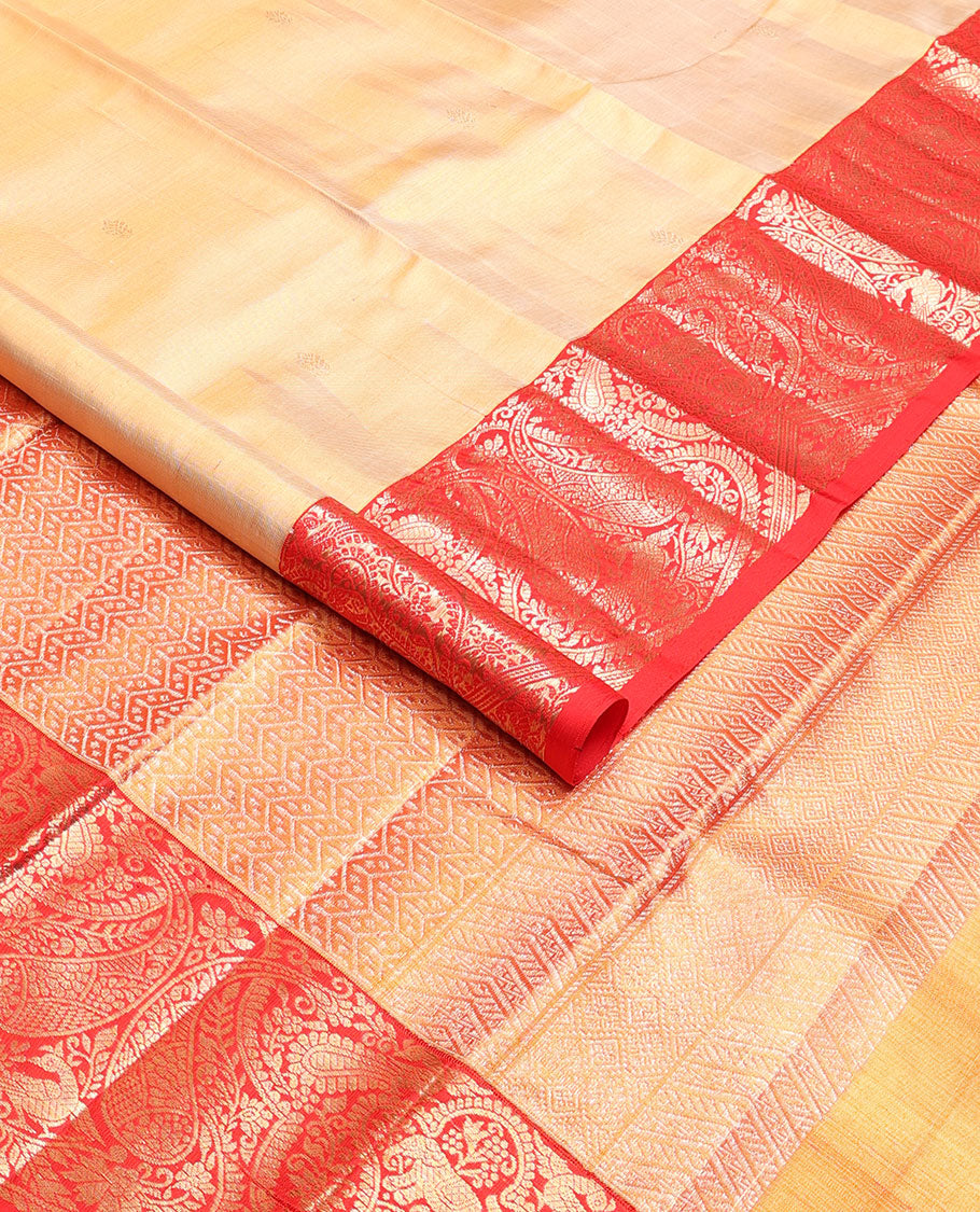 Sandal silk saree with zari buttas, contrast ganga jamuna border of kamalam, mayil, yaanai & manga designs & zari geometric patterned pallu