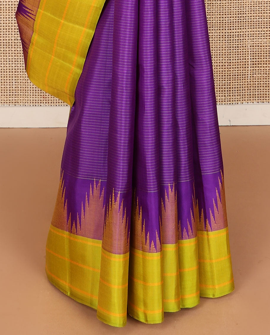 Violet striped kanchipuram silk saree, contrast thazampoo rekku striped border & pallu of thazampoo rekku & stripes
