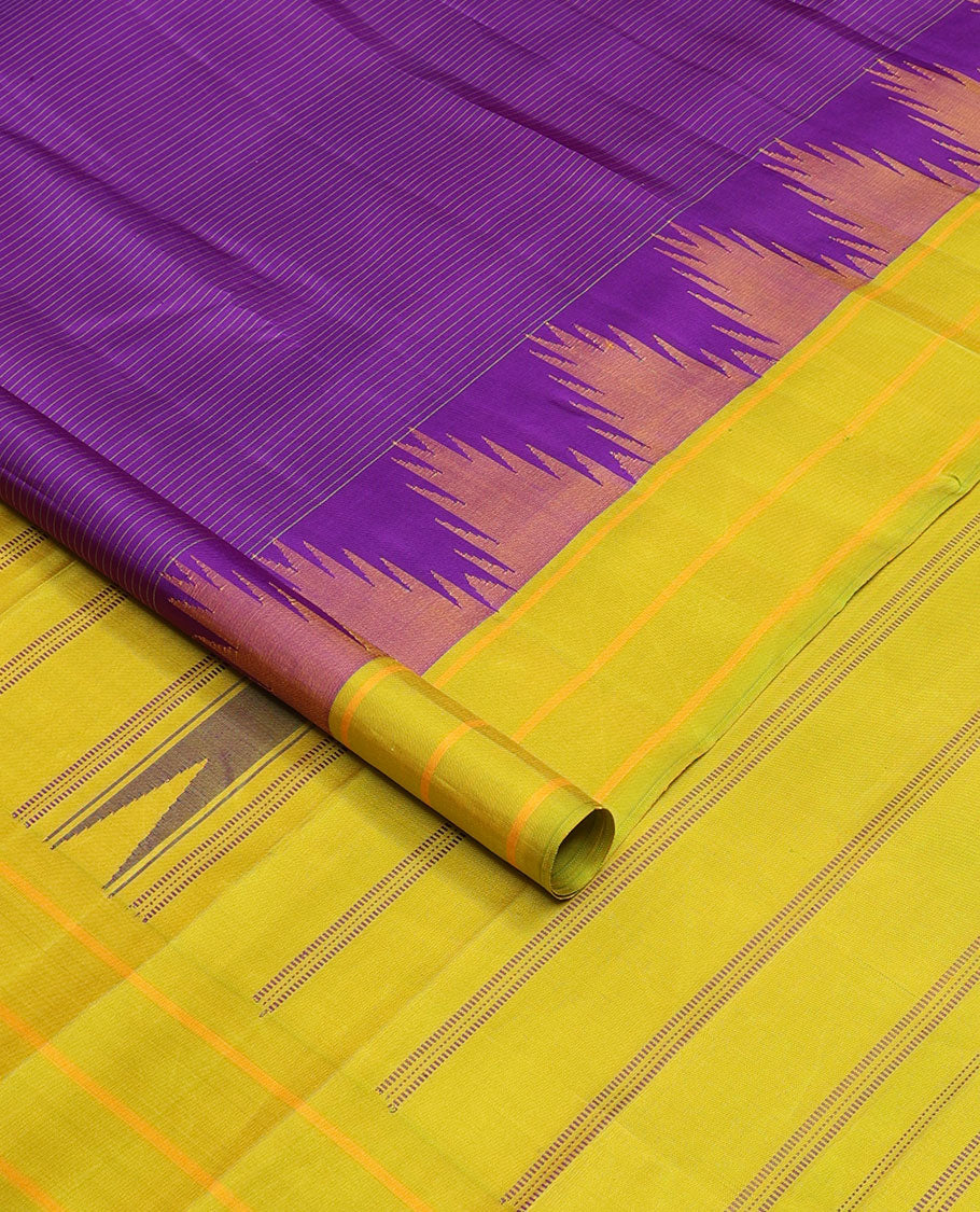 Violet striped kanchipuram silk saree, contrast thazampoo rekku striped border & pallu of thazampoo rekku & stripes