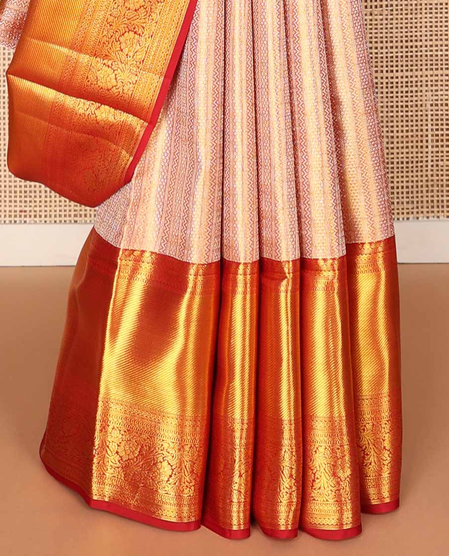 Pink zari jacquard tissue silk saree, contrast jaal pallu & border of muthu, diamond & floral designs
