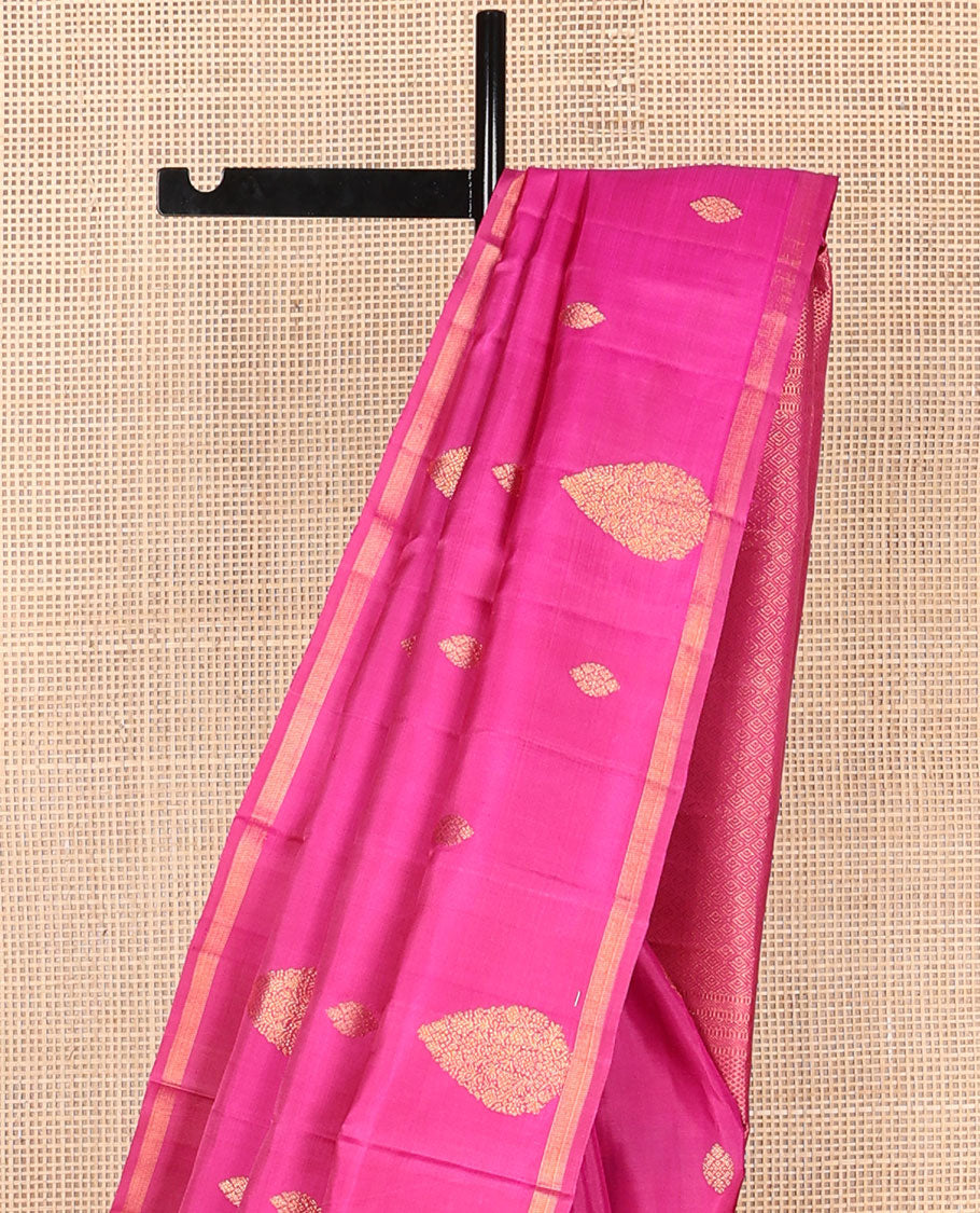 Borderless pink kanchipuram silk saree with zari buttas, zari-rich jaal pallu