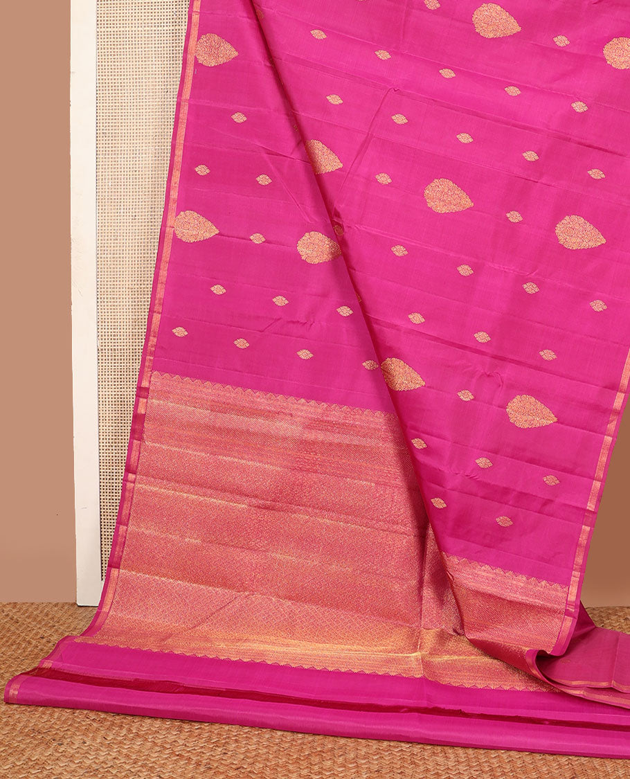 Borderless pink kanchipuram silk saree with zari buttas, zari-rich jaal pallu