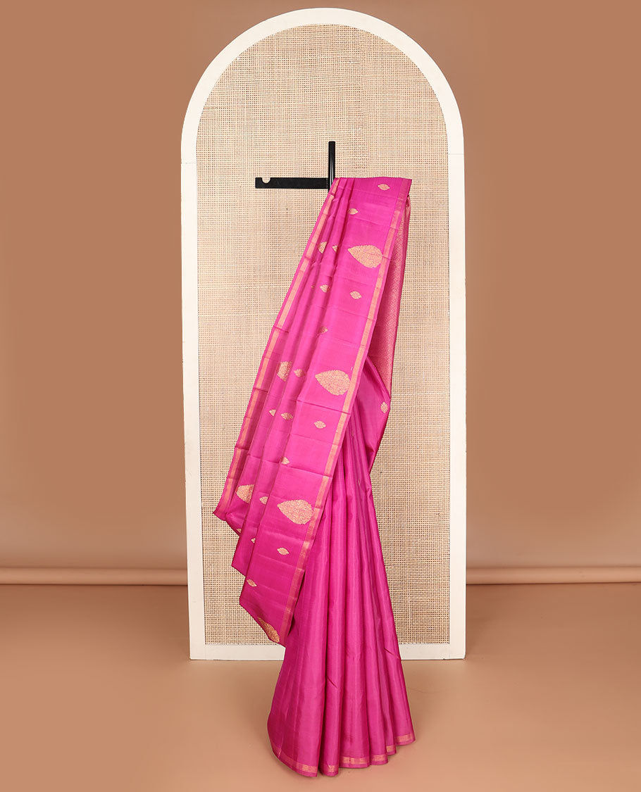 Borderless pink kanchipuram silk saree with zari buttas, zari-rich jaal pallu