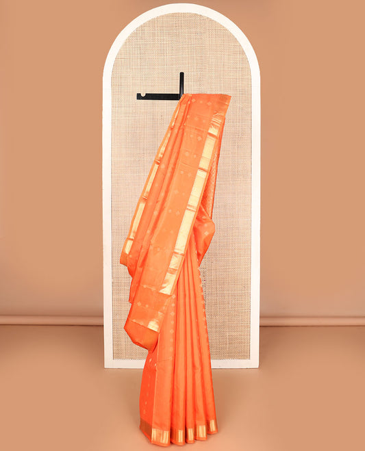 Orange zari buttas Kanchipuram silk saree, zari border of thilakam mokku & paisa design & intricate pallu
