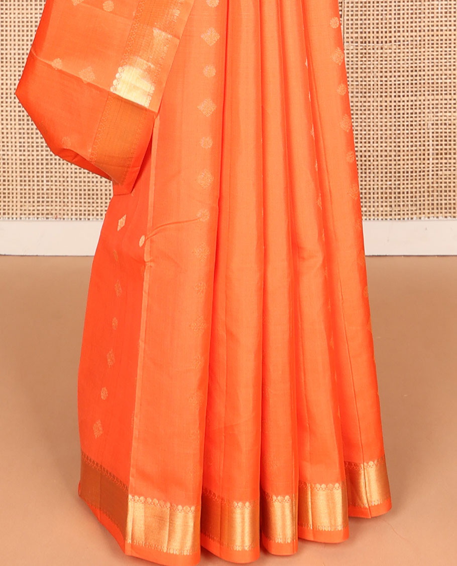 Orange zari buttas Kanchipuram silk saree, zari border of thilakam mokku & paisa design & intricate pallu