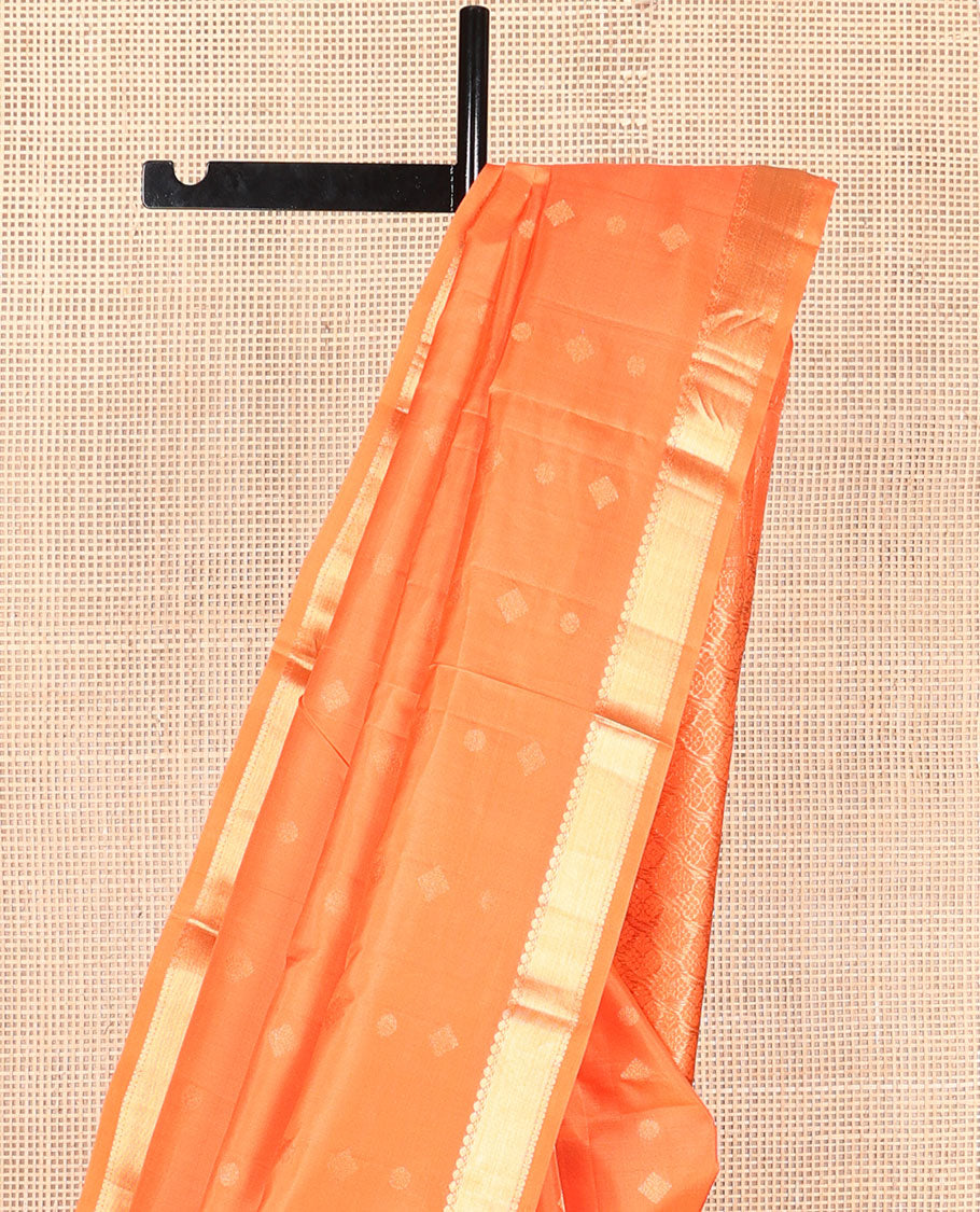 Orange zari buttas Kanchipuram silk saree, zari border of thilakam mokku & paisa design & intricate pallu