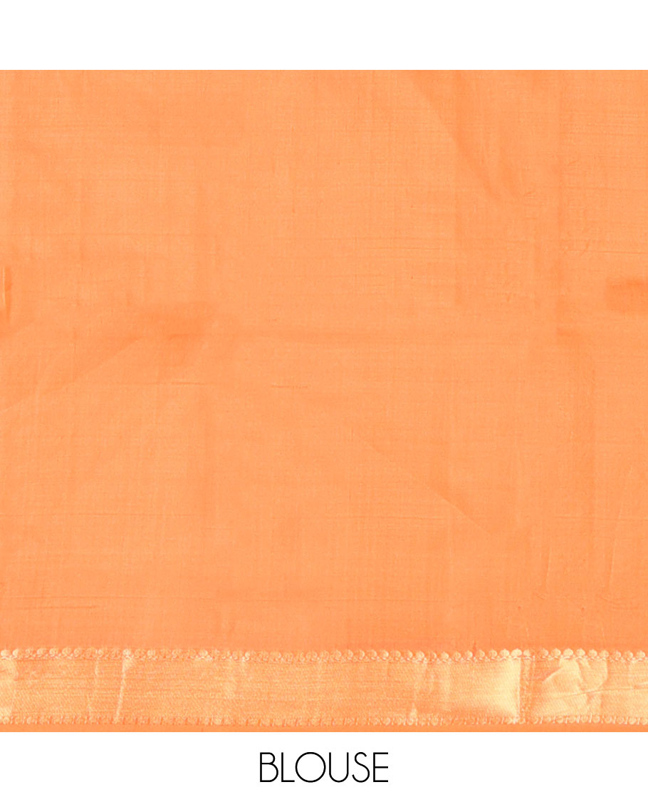 Orange zari buttas Kanchipuram silk saree, zari border of thilakam mokku & paisa design & intricate pallu