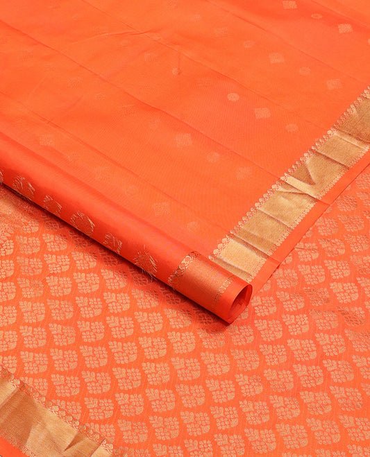 Orange zari buttas Kanchipuram silk saree, zari border of thilakam mokku & paisa design & intricate pallu
