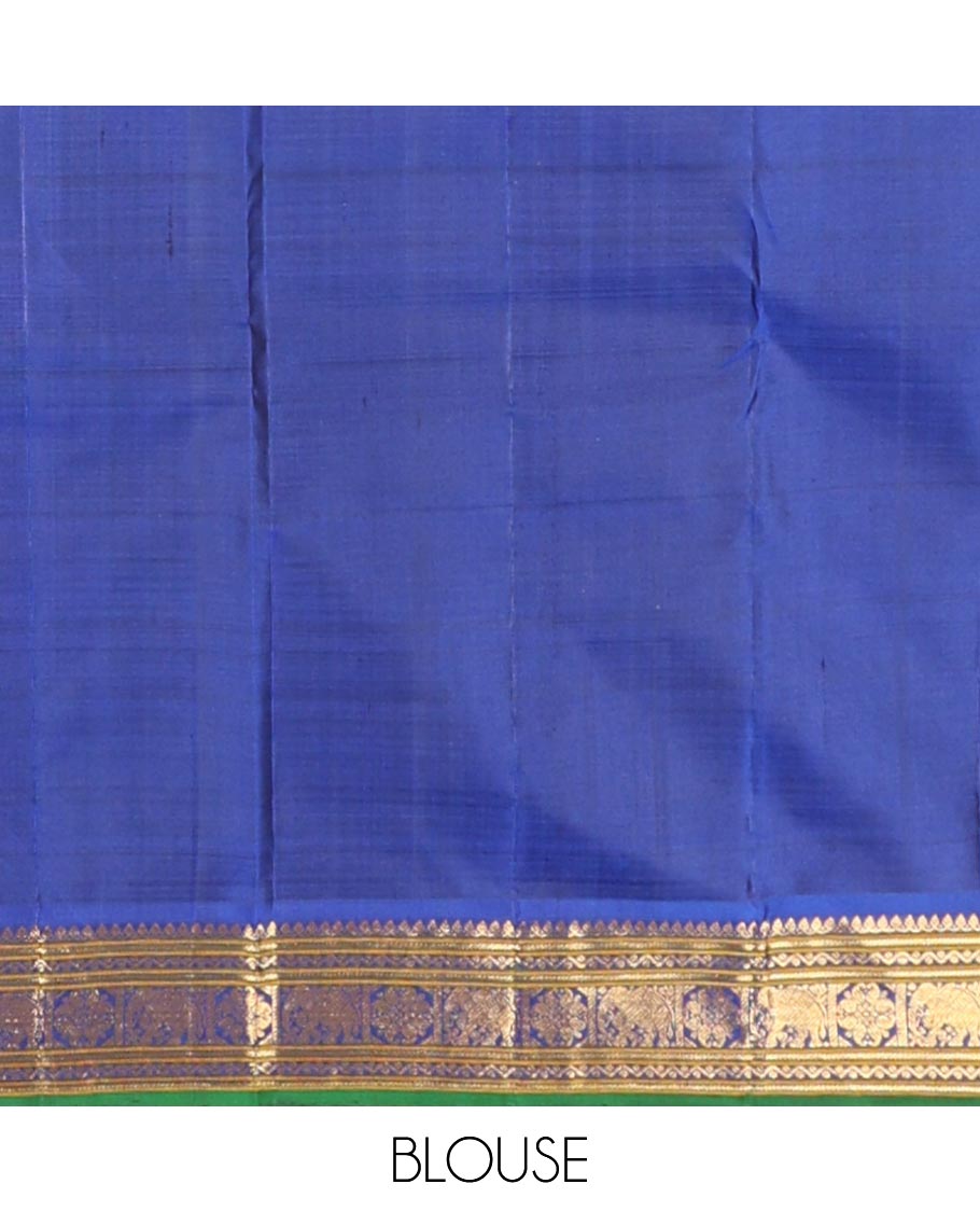 Grey mayil chakram buttas silk saree, contrast border of thilakam mokku,banaras,neli,yaanai & manga & pallu of intricate designs