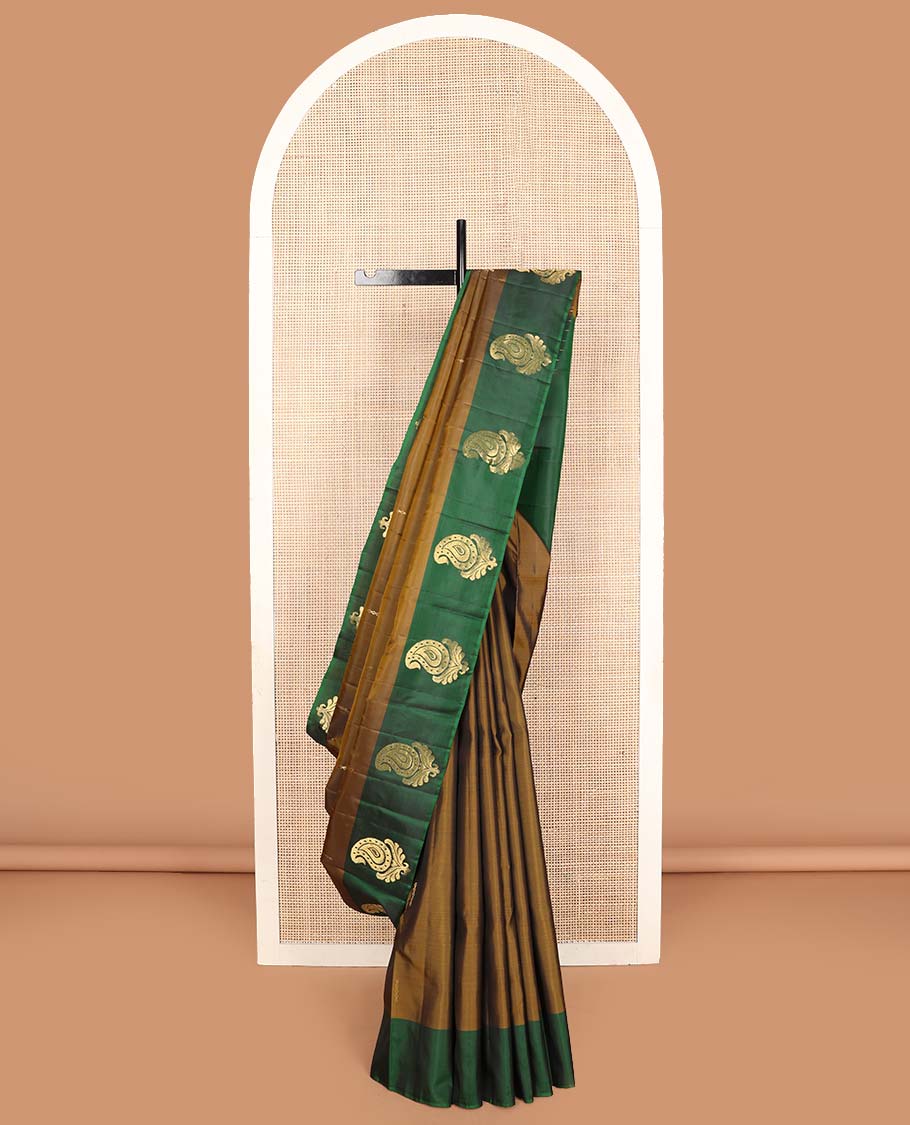 Brown zari buttas Kanchipuram silk saree, contrast manga buttas zari woven border, and pallu of floral designs