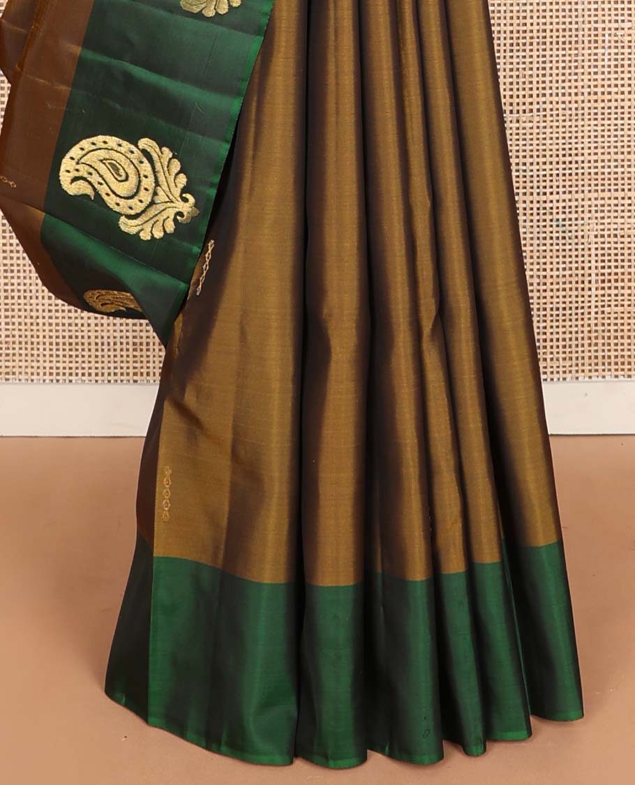 Brown zari buttas Kanchipuram silk saree, contrast manga buttas zari woven border, and pallu of floral designs