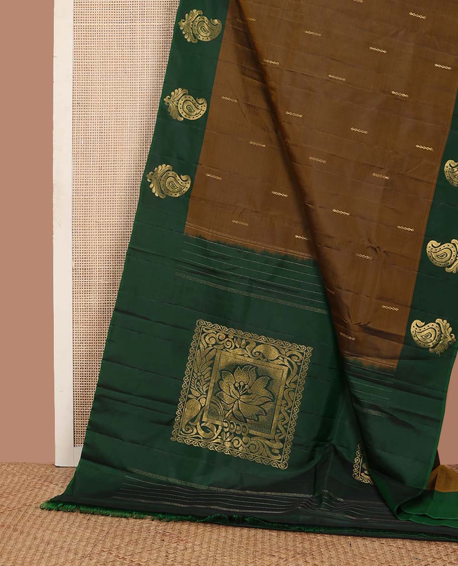 Brown zari buttas Kanchipuram silk saree, contrast manga buttas zari woven border, and pallu of floral designs