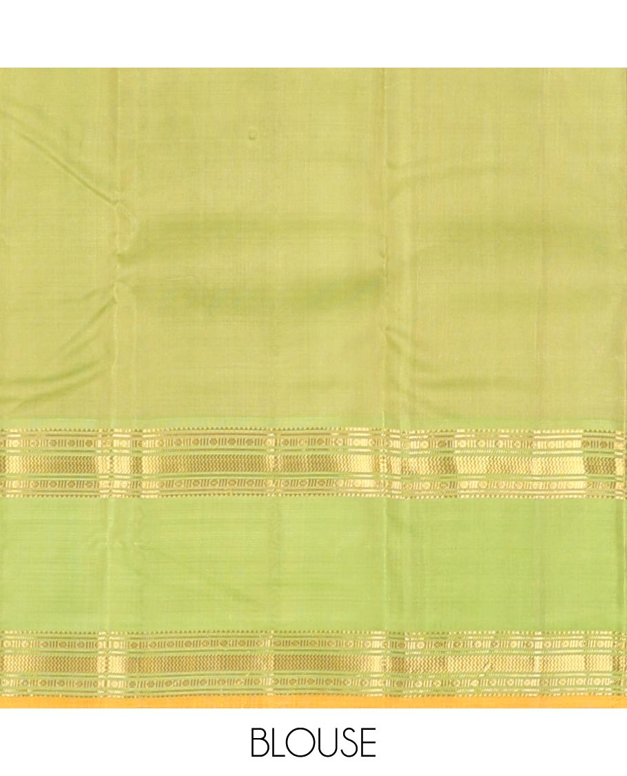 Sandal plain Kanchipuram silk saree, contrast rettai pettu border of rekku, rudraksham, banaras, and vanki designs, and zari design pallu
