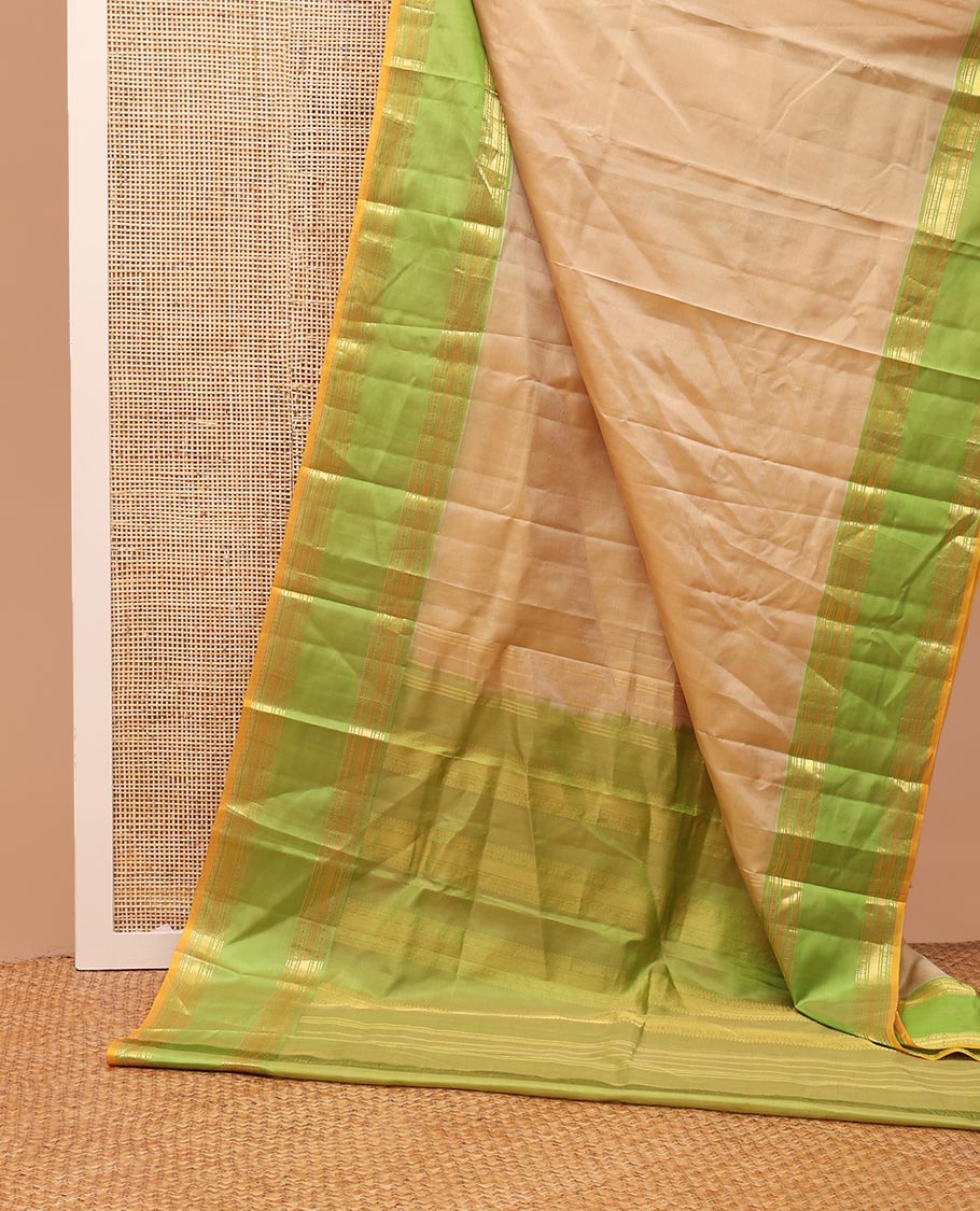 Sandal plain Kanchipuram silk saree, contrast rettai pettu border of rekku, rudraksham, banaras, and vanki designs, and zari design pallu
