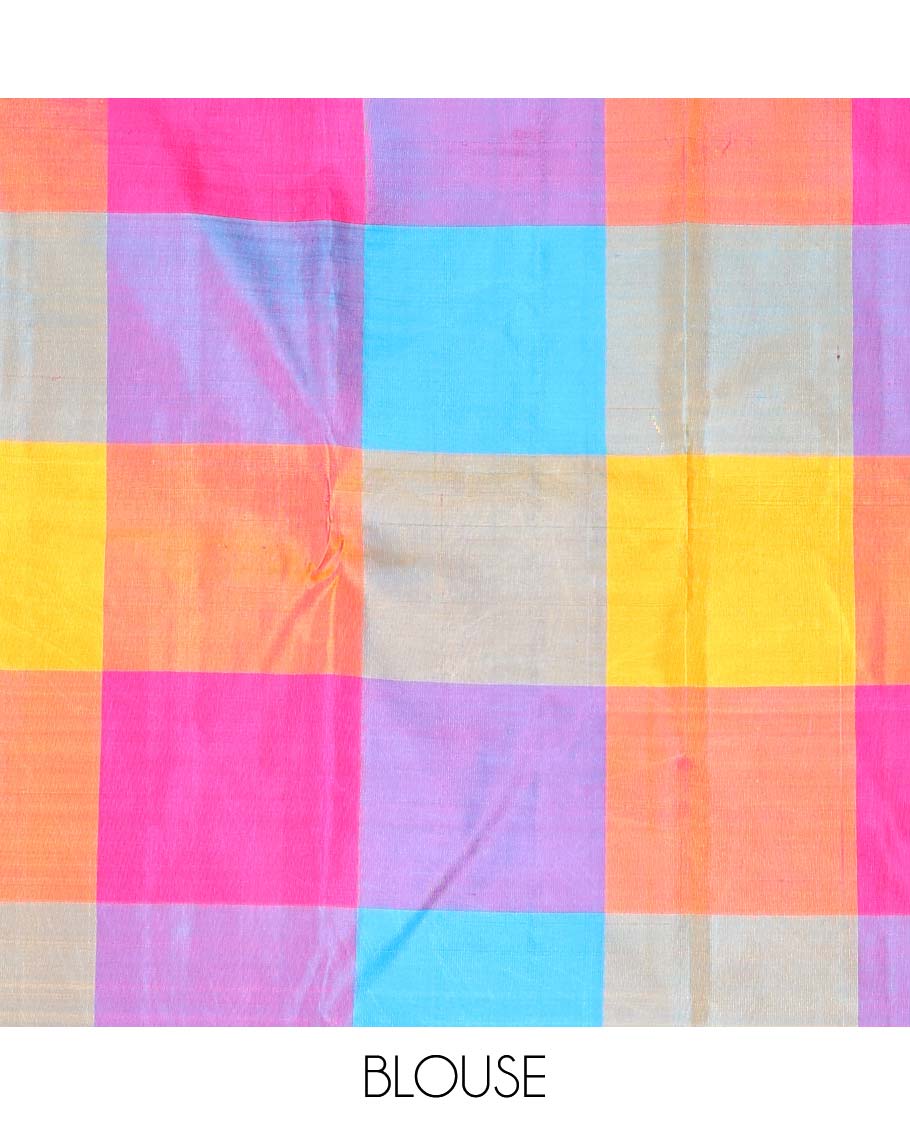 Borderless multi-color mayil and yaanai enclosed checked Kanchipuram silk saree, contrast pallu steeped with thilakam motifs