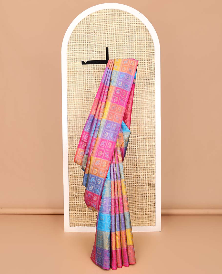 Borderless multi-color mayil and yaanai enclosed checked Kanchipuram silk saree, contrast pallu steeped with thilakam motifs