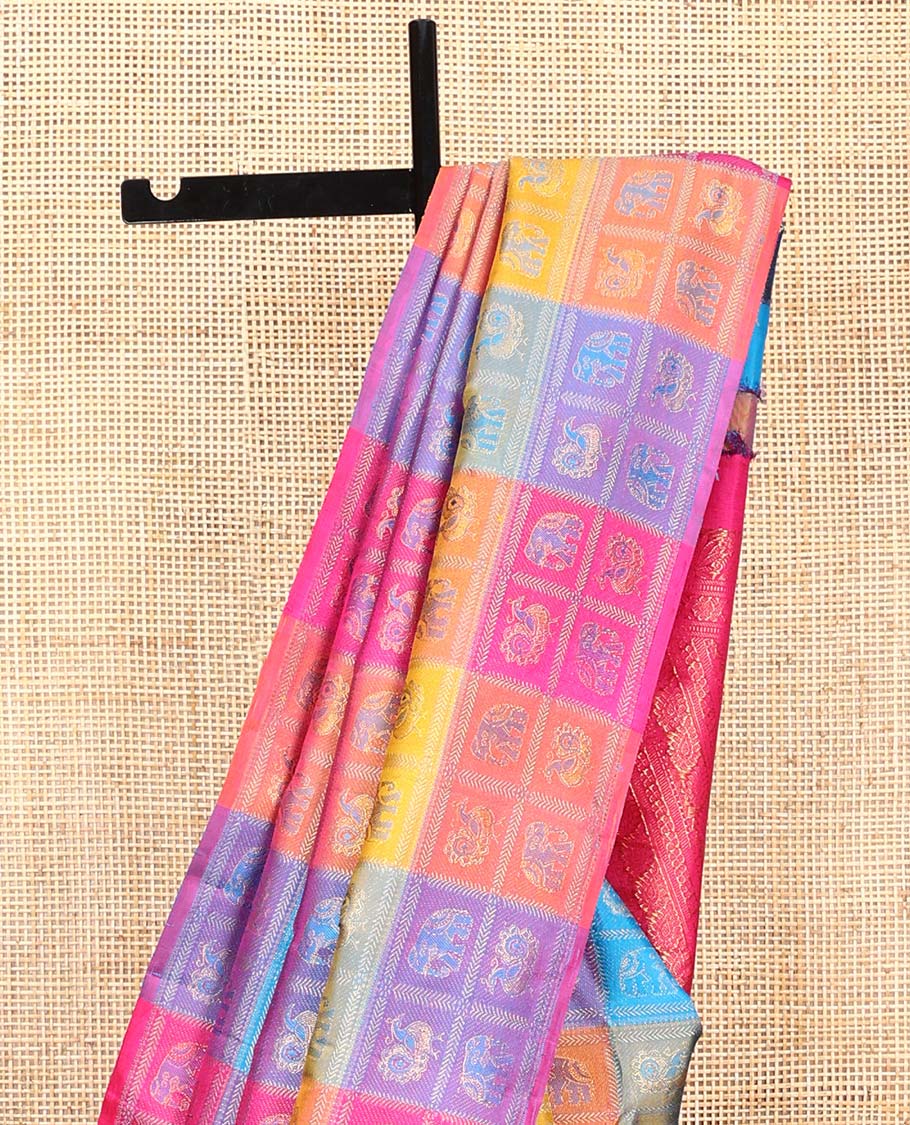 Borderless multi-color mayil and yaanai enclosed checked Kanchipuram silk saree, contrast pallu steeped with thilakam motifs
