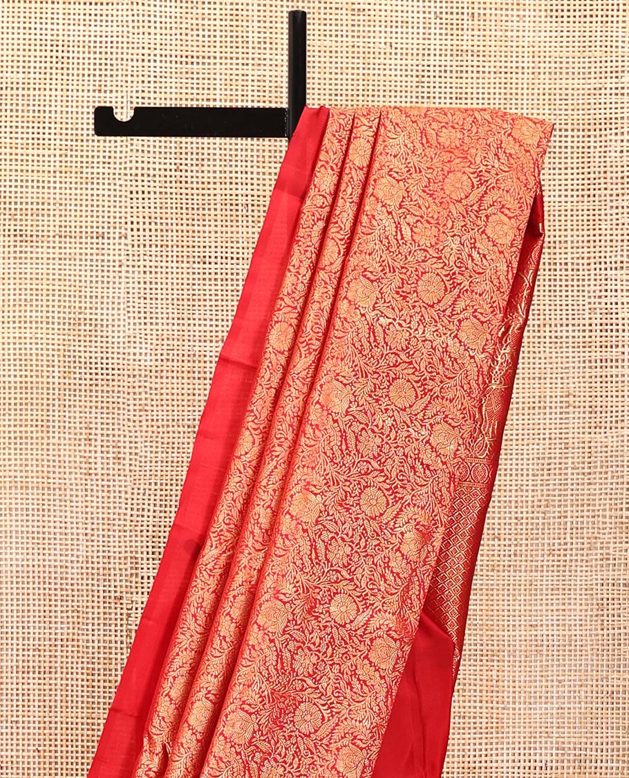 Borderless Red Kanchipuram Designer Silk Saree, Opulently Embellished with Floral Jaal Designs in Skirt-Border-Style, Pallu Features Jaal and Vanasingaram Designs, Paired with a Matching Blouse