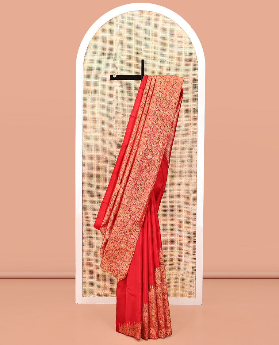 Borderless Red Kanchipuram Designer Silk Saree, Opulently Embellished with Floral Jaal Designs in Skirt-Border-Style, Pallu Features Jaal and Vanasingaram Designs, Paired with a Matching Blouse