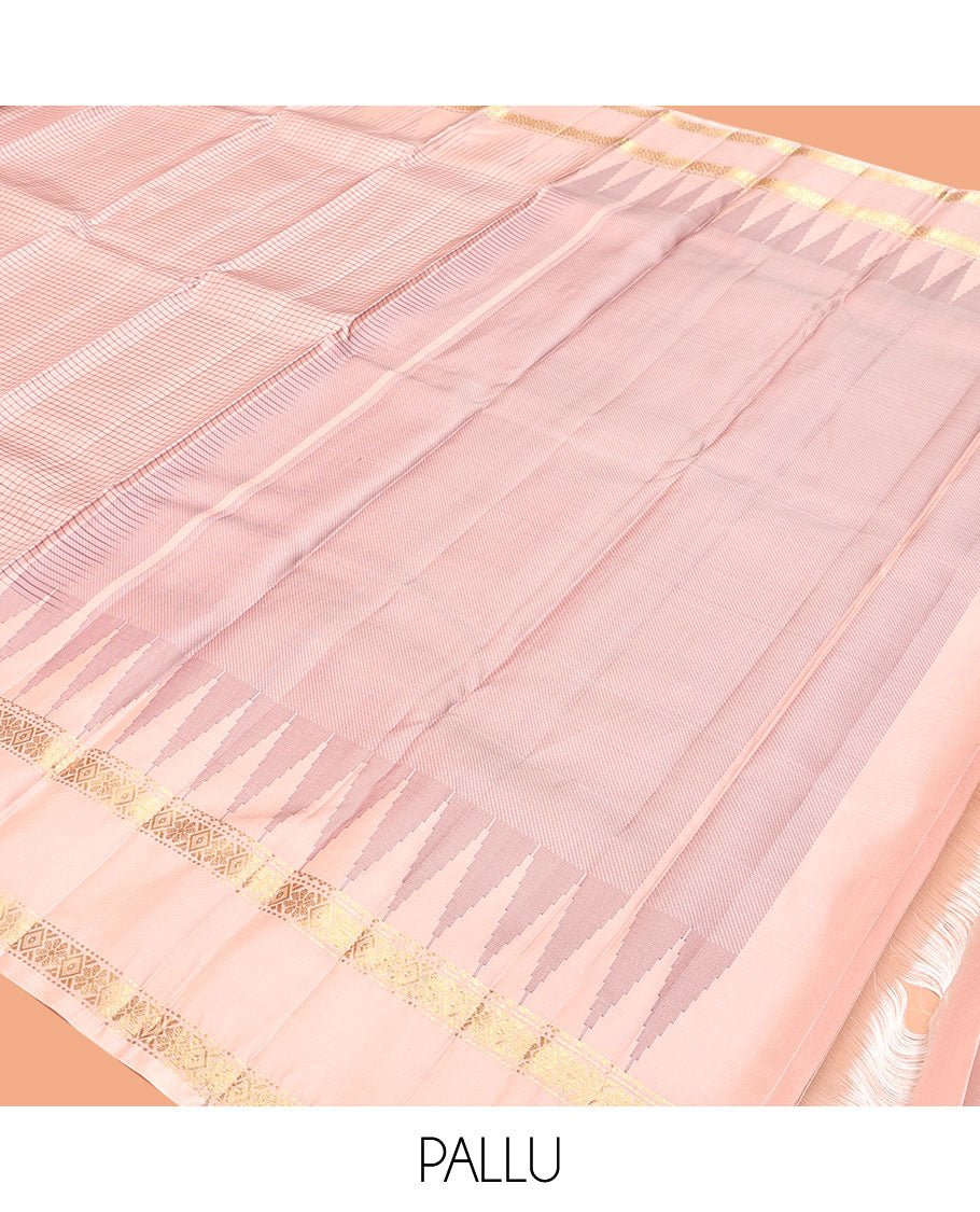 Pink Kanchipuram Silk Saree, Elevated with Checks, Highlighted By Zari Rettai Pettu Border, Pallu of Stripes and Temple Design, and a Matching Blouse