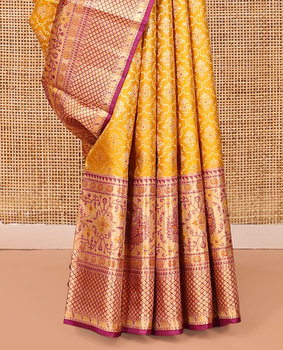 Yellow Kanchipuram Tissue Silk Saree, Impeccably Styled with Jacquard, Complemented by a Contrast Meenakari Border, Jaal Pallu, and a Contrast Blouse
