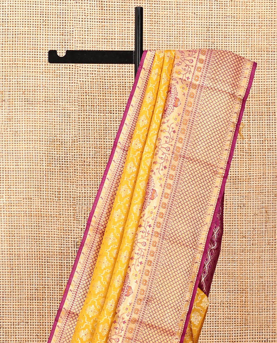 Yellow Kanchipuram Tissue Silk Saree, Impeccably Styled with Jacquard, Complemented by a Contrast Meenakari Border, Jaal Pallu, and a Contrast Blouse