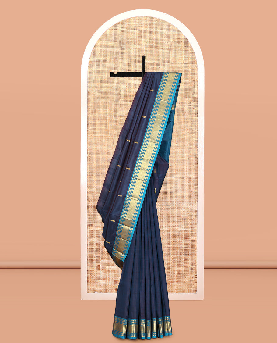 Blue Zari Buttas Kanchipuram Silk Saree, Complemented by a Contrast Border of Panner Sombu, Muthu, Banaras, and Mayil Kann Design, Pallu of Zari Design, and No Blouse