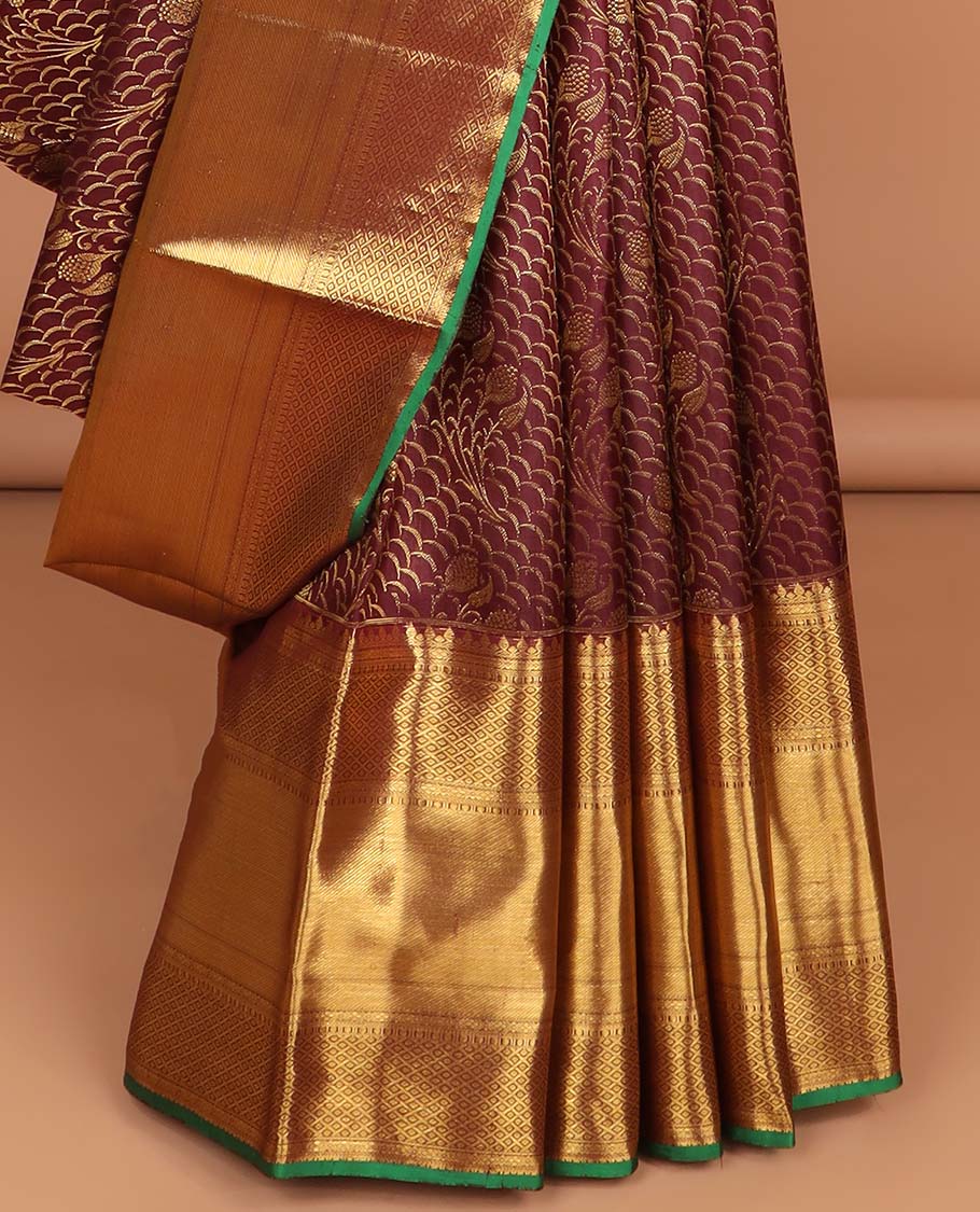 Marron jacquard kancheepuram silk saree with thilakam mokku, banaras paun, checked design & zari design pallu