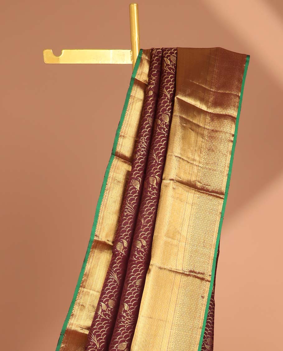 Marron jacquard kancheepuram silk saree with thilakam mokku, banaras paun, checked design & zari design pallu