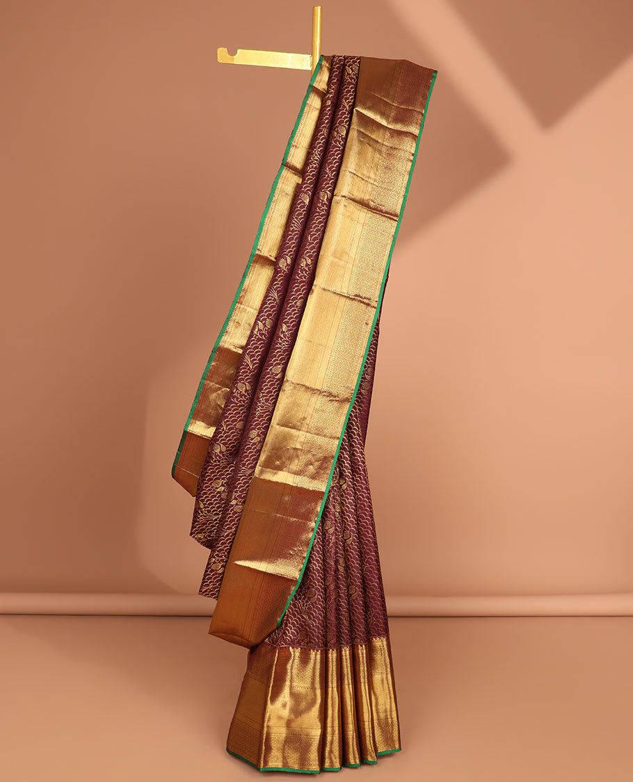Marron jacquard kancheepuram silk saree with thilakam mokku, banaras paun, checked design & zari design pallu