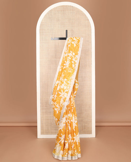 Yellow floral motifs printed linen saree, zari border & pallu of stripes