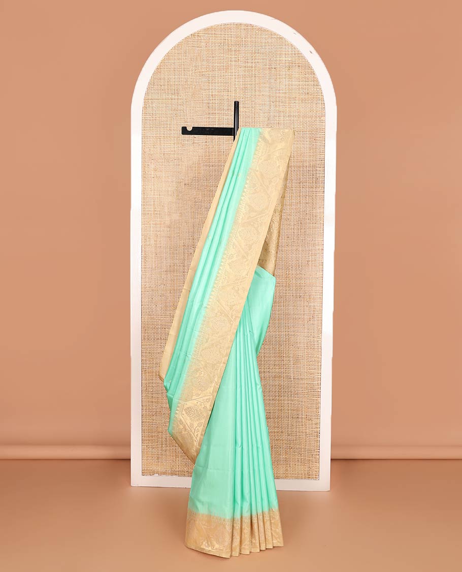 Turquoise blue zari buttas soft silk saree, contrast border, and pallu of paithani-style motifs weave