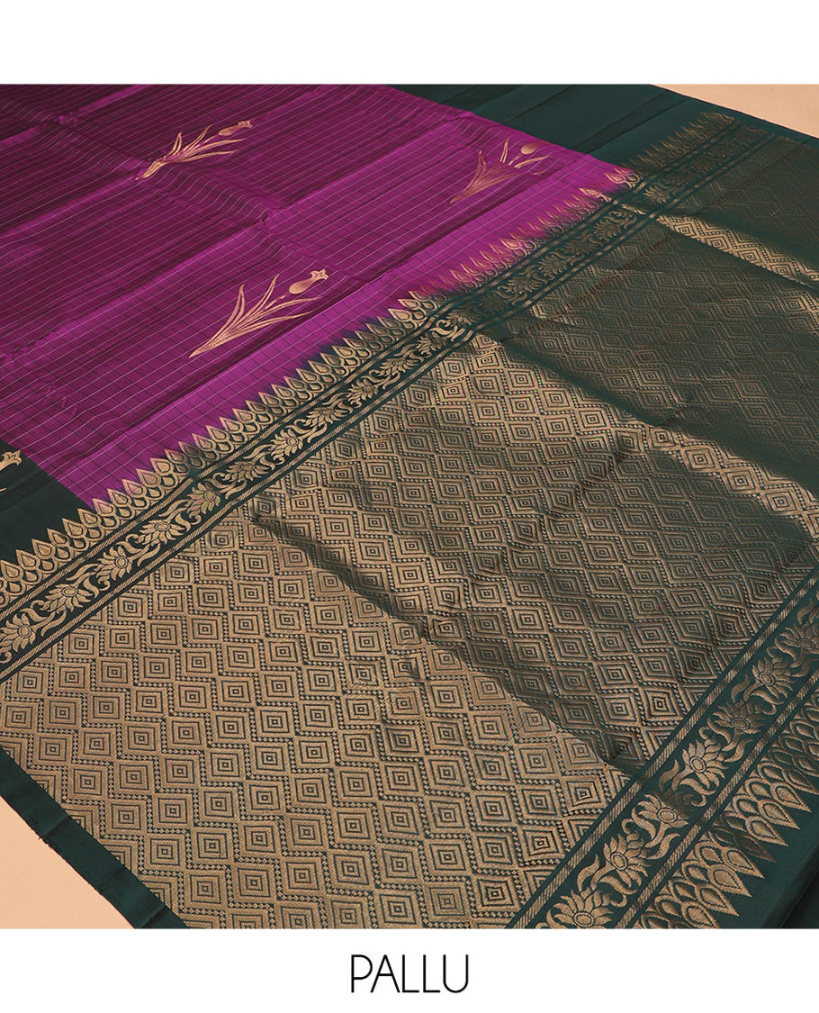 Purple Mayuri Lite Silk Mix Saree, Woven with Buttas and Checks, Contrast Zari Butta Border, Grand Jaal Pallu, and a Contrast Blouse