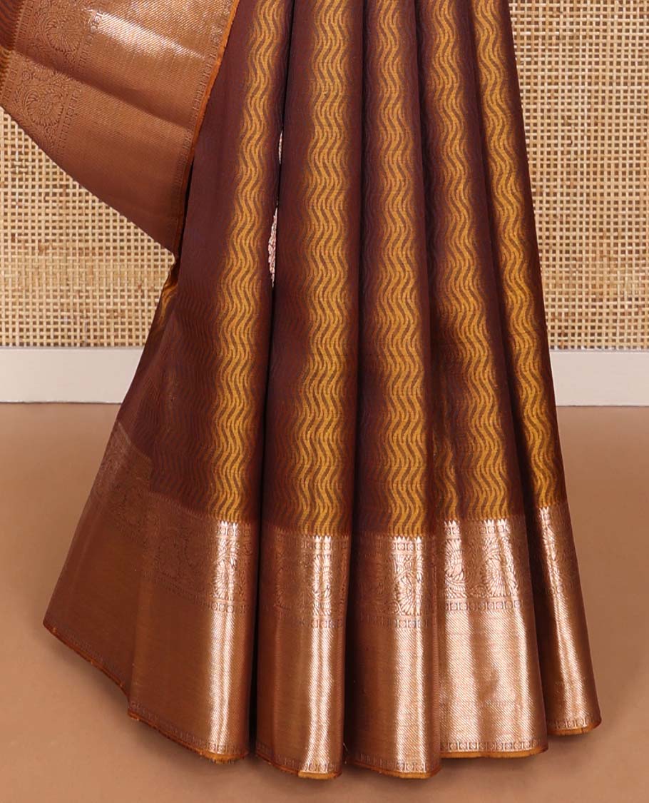 Brown wave, manga design silk saree with contrast border of rekku, paun, kodi visiry, banaras design & zari design pallu