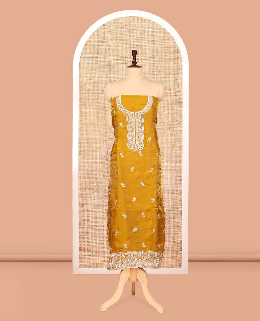 Mustard Fendi Organza Material Churidar Features Embroidered Top, a Santoon Bottom, a Scallop Embroidered Dupatta