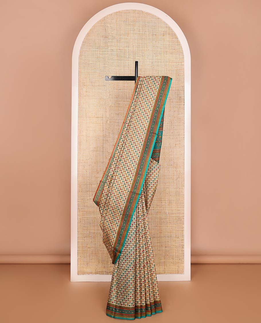 Light brown brown leaf design printed silk saree with contrast intricate design border & floral design pallu