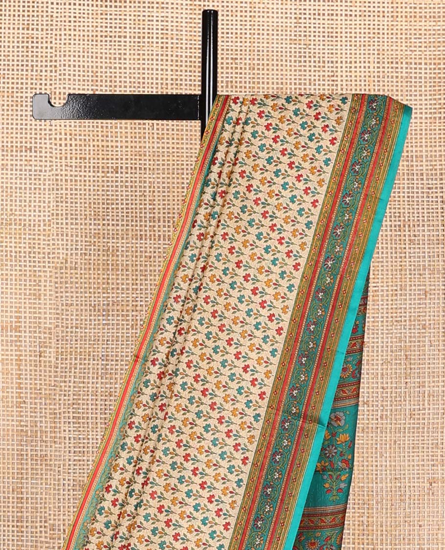 Light brown brown leaf design printed silk saree with contrast intricate design border & floral design pallu