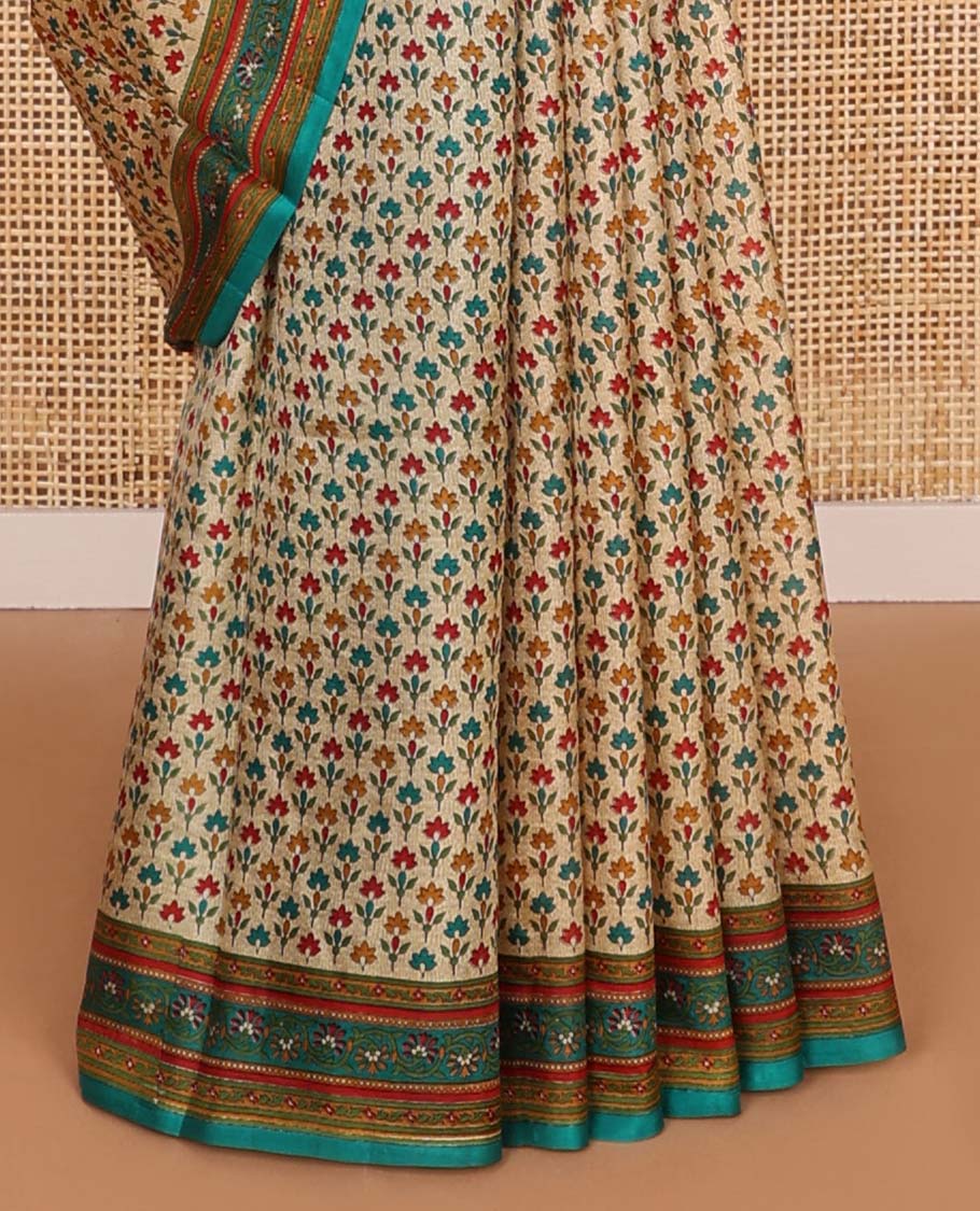Light brown brown leaf design printed silk saree with contrast intricate design border & floral design pallu
