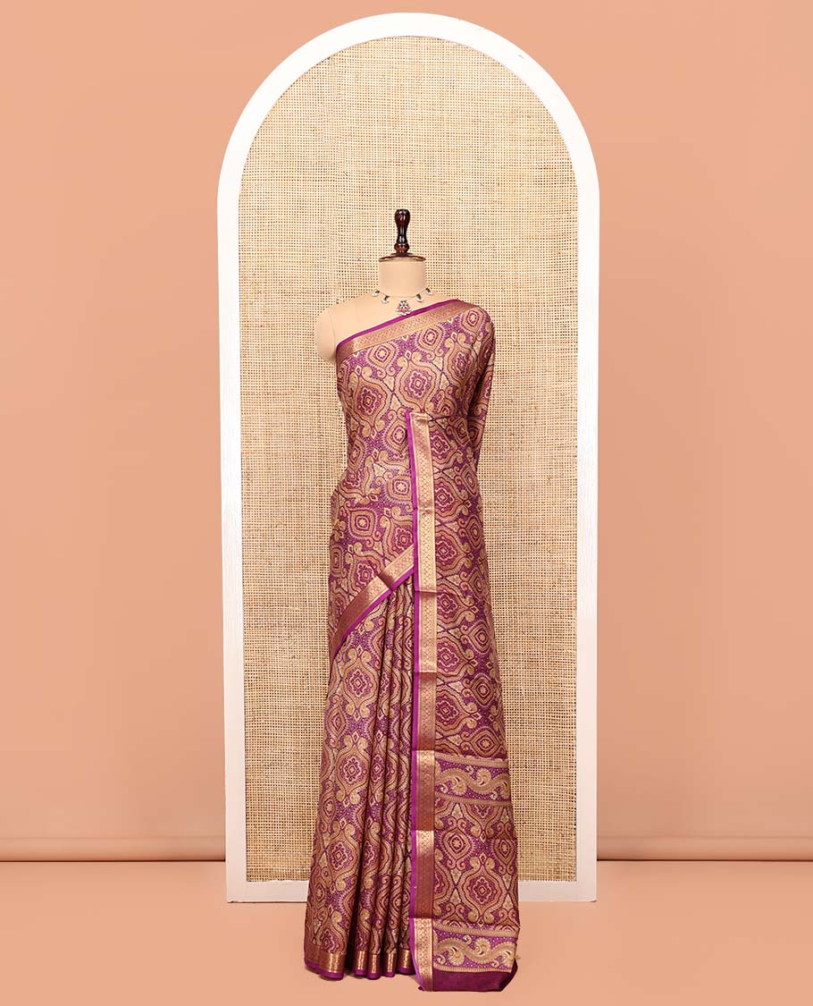 Dark Pink Printed Silk Saree, Elevated with Intricate Prints, Highlighted by a Traditional Zari Border, Printed Pallu, and a Matching Blouse