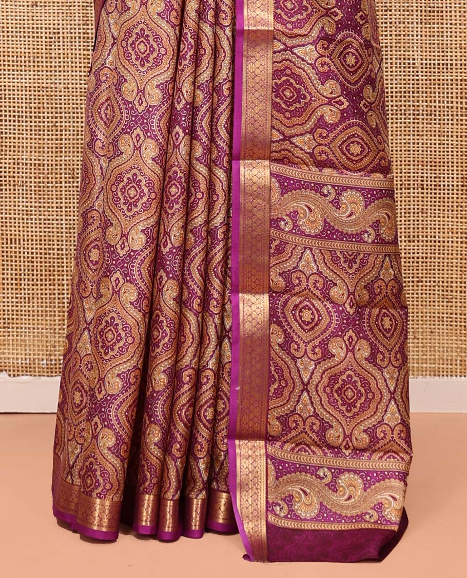 Dark Pink Printed Silk Saree, Elevated with Intricate Prints, Highlighted by a Traditional Zari Border, Printed Pallu, and a Matching Blouse
