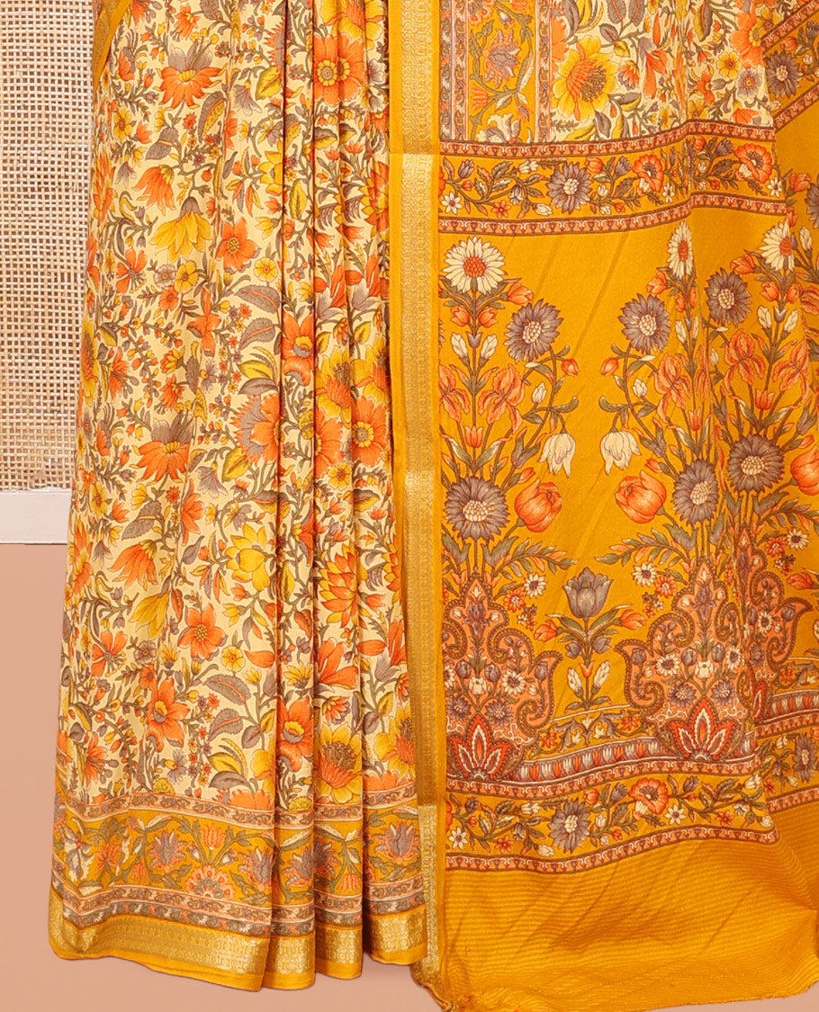 Yellow Printed Silk Saree, Ornamented with Floral Vine Print, a Traditional Zari Border, Floral Pallu, and a Matching Blouse