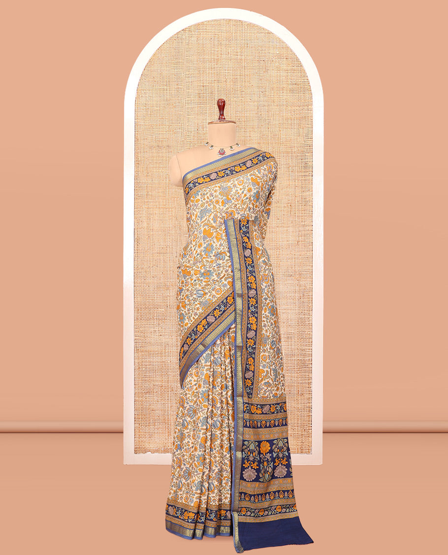 Sandal Printed Silk Saree, Adorned with Floral Vine Print, a Contrast Floral Printed Border, Floral Print Pallu, and a Matching Blouse