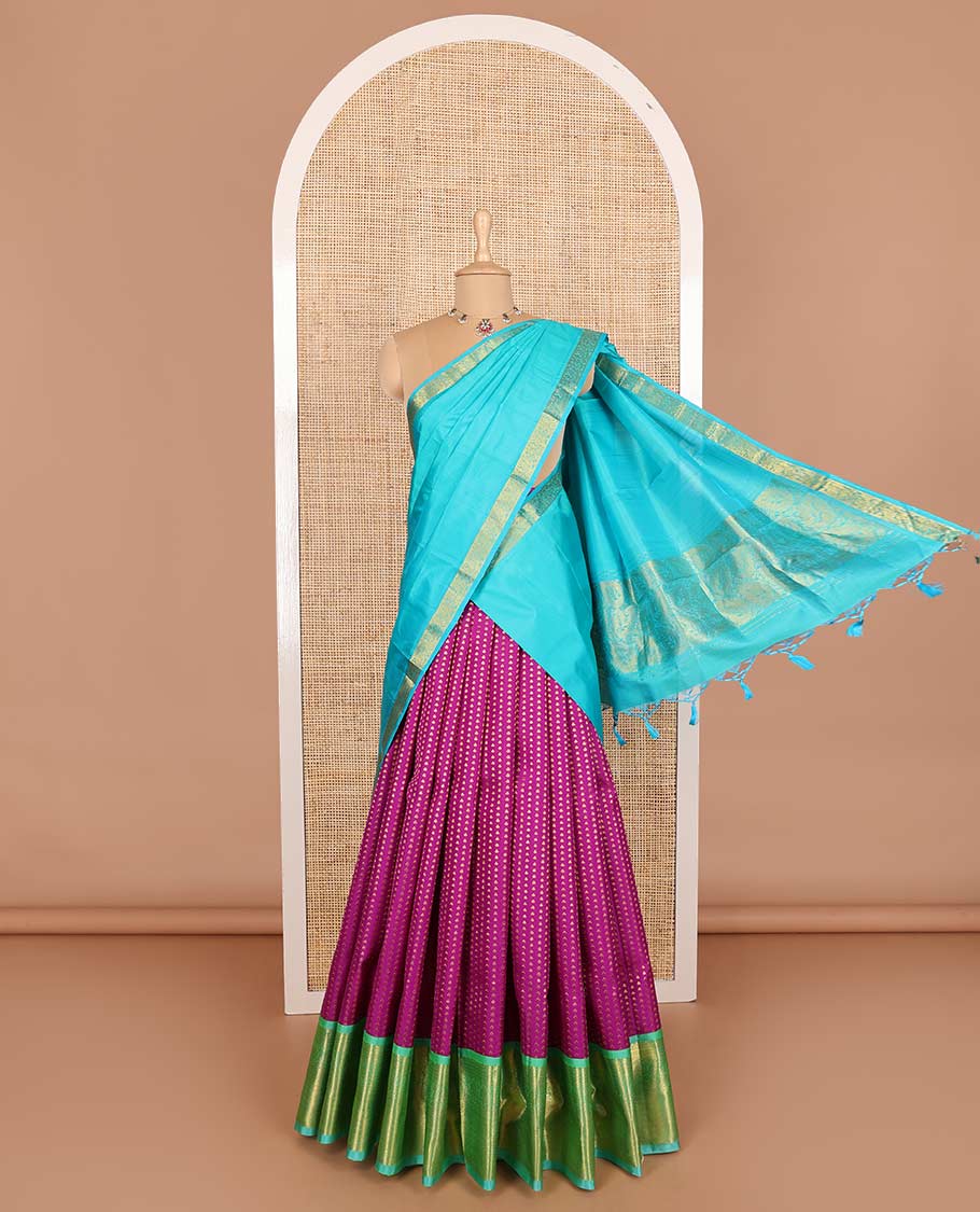 Purple pure silk half-saree, zari buttas skirt, contrast traditional zari motifs steeped border, zari bordered blouse, and contrast leaf jaal dhavani