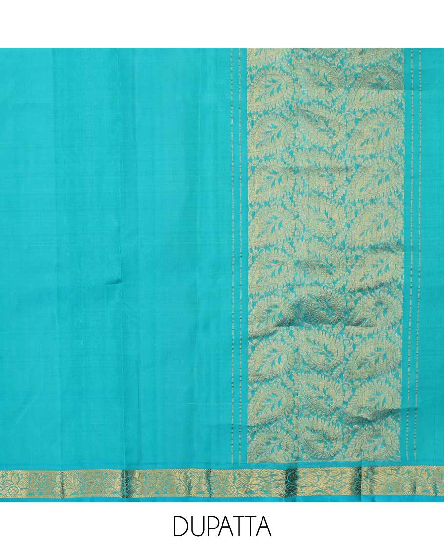 Purple pure silk half-saree, zari buttas skirt, contrast traditional zari motifs steeped border, zari bordered blouse, and contrast leaf jaal dhavani