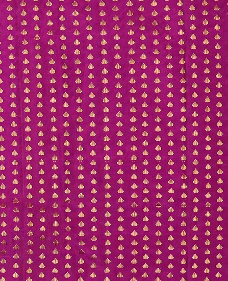Purple pure silk half-saree, zari buttas skirt, contrast traditional zari motifs steeped border, zari bordered blouse, and contrast leaf jaal dhavani