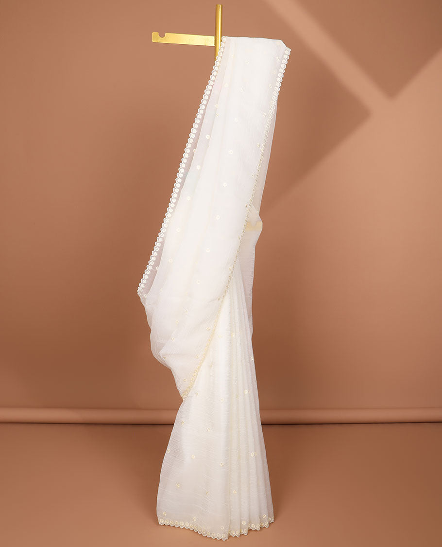 White floral thread embroidery tissue saree with floral scallop thread embroidery border