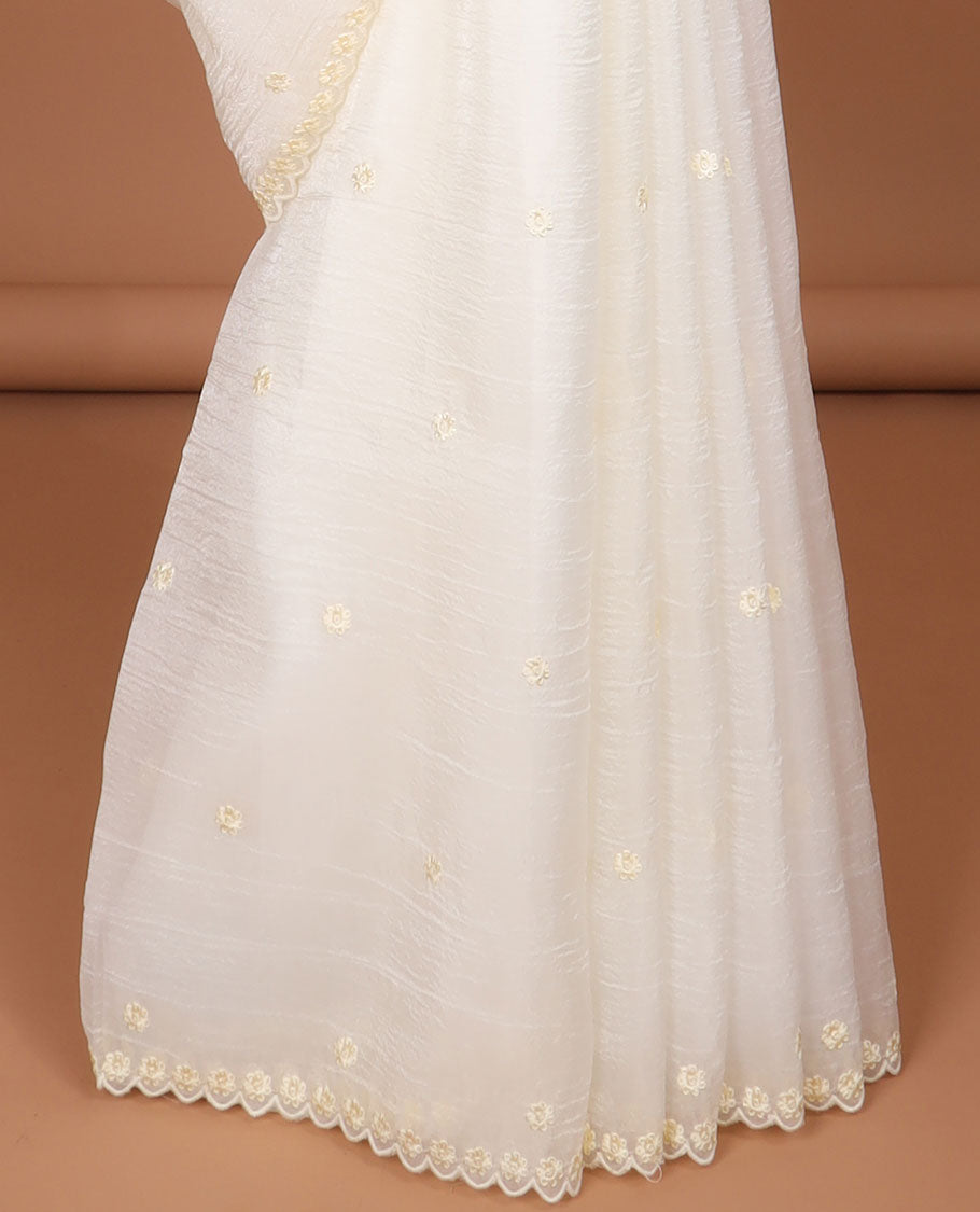 White floral thread embroidery tissue saree with floral scallop thread embroidery border