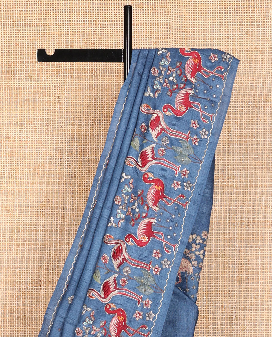 Blue motifs parsi embroidery tussar silk saree with self swan ebroidered border