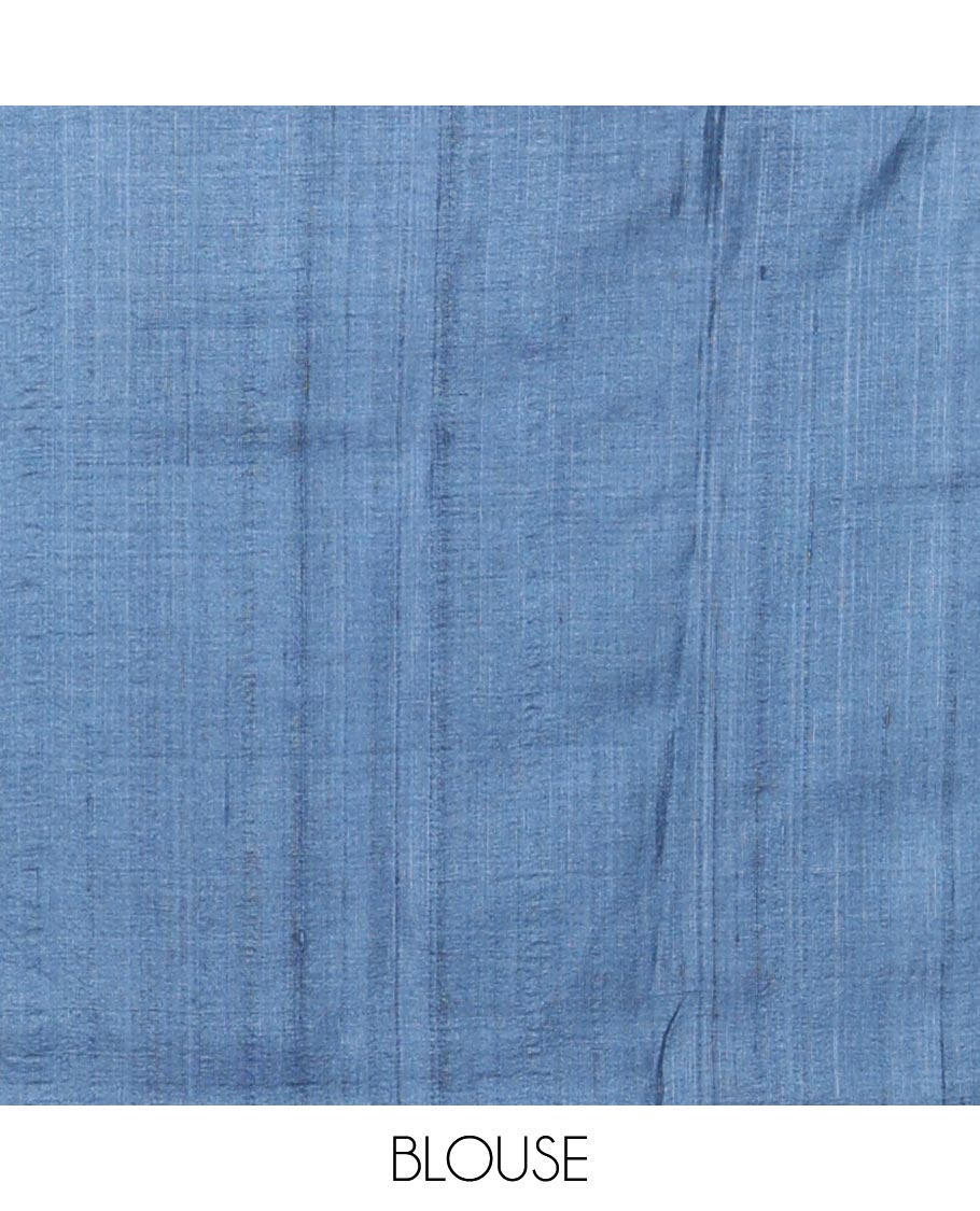 Blue motifs parsi embroidery tussar silk saree with self swan ebroidered border
